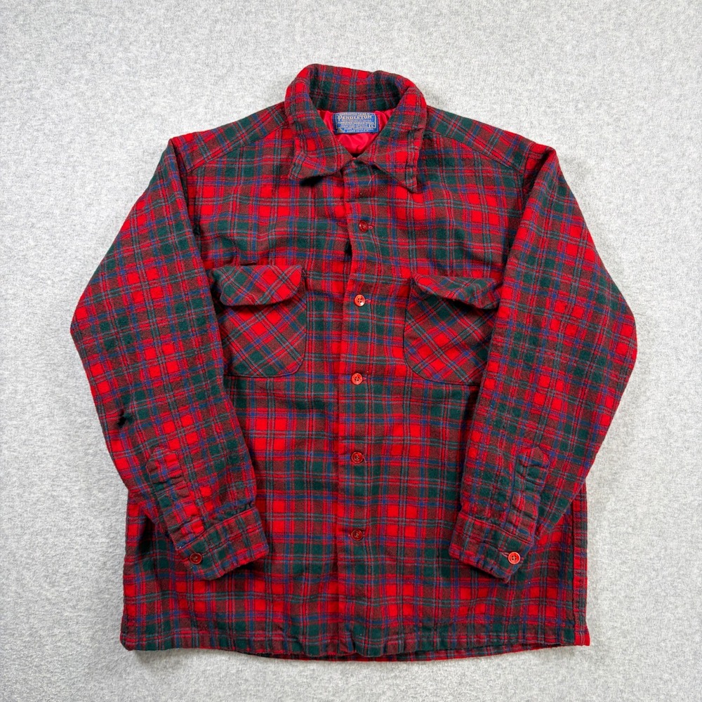 Pendleton Board Shirt Men Large* Red Plaid Vintage Loop Collar Wool Flannel READ